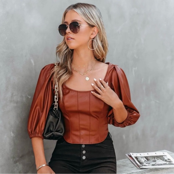 NWT • Brown Faux Leather Puff Sleeve Top - Picture 5 of 9